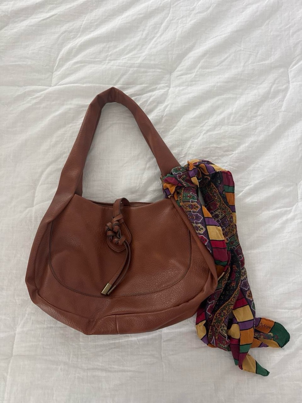 Boho Women's Brown Leather Shoulder Bag with Scarf